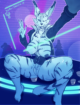 anthro big_breasts breasts crotch_tuft female fur futuristic genitals group huge_breasts laser looking_at_viewer natural_breasts nightclub nipples nude open_mouth science_fiction selfie smile solo_focus spread_legs spreading stripes synthwave thick_thighs tongue tuft vulva vuko-jebina ready_player_one queen_of_cats felid feline lynx mammal 2018 blue_theme cool_colors digital_media_(artwork) hi_res
