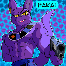 abs anthro clothing gun hairless handgun holding_object holding_weapon looking_at_viewer male muscular muscular_male pattern_background pistol ranged_weapon simple_background solo tail text weapon fizzyjay dragon_ball dragon_ball_super beerus domestic_cat felid feline felis hairless_cat mammal sphynx_(cat) 1:1 digital_media_(artwork) hi_res