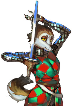 anthro armor belt breasts brown_body brown_fur clothed clothing female fully_clothed fur melee_weapon multicolored_body multicolored_fur simple_background solo sword text weapon white_background white_body white_fur yellow_sclera raposeira vesna_(mia_cain) canid canine mammal absurd_res artist_name digital_media_(artwork) hi_res