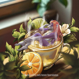 anthro areola bathing beverage breasts citrus_fruit claws container cup day eyes_closed female flower fluffy fluffy_tail food fruit fur furniture glass glass_container glass_cup gloves_(marking) hair leg_markings lemon light lime long_hair markings micro mint_leaf_(food) multicolored_body nude nude_anthro nude_female plant purple_body purple_fur raised_leg red_hair red_nose relaxed_expression relaxing round_ears socks_(marking) solo steam sunlight table tail tan_areola tea toe_claws two_tone_body two_tone_tail wet wet_body wet_fur wet_hair white_body white_claws white_flower white_fur window karviniya mint_(keyblademark) mammal mephitid skunk 1:1