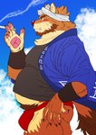 anthro asian_clothing belly blush clothing cloud cute_fangs east_asian_clothing fangs fundoshi humanoid_hands japanese_clothing kemono male outside overweight overweight_male red_clothing red_fundoshi red_underwear shirt smoking solo teeth topwear underwear ryuta-h canid canine canis domestic_dog mammal 2025 absurd_res hi_res