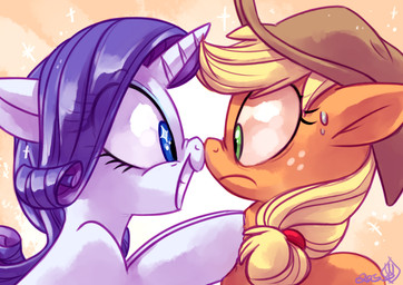 blonde_hair blue_eyes bodily_fluids clothing cowboy_hat duo eyelashes female feral freckles green_eyes hair hat hat_only headgear headgear_only headwear headwear_only hooves horn mostly_nude nose_to_nose orange_body pupils purple_hair side_view simple_background smile sweat white_body whitediamonds friendship_is_magic hasbro my_little_pony mythology applejack_(mlp) rarity_(mlp) equid equine mammal mythological_creature mythological_equine unicorn 2015