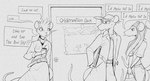 anthro belt beverage bottomwear buckteeth clothing computer container cup dialogue electronics eyewear female fur glasses group hat headgear headwear holding_container holding_cup holding_object laptop legwear male photo shirt skirt snout speech_bubble tail teeth text topwear trio whiskers gompami mammal mouse murid murine rodent 2025 english_text hi_res monochrome