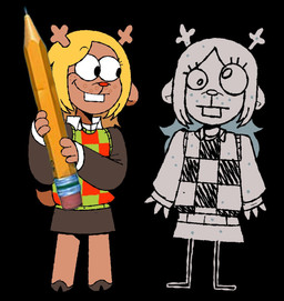 anthro antlers blonde_hair buckteeth clothed clothing duo female freckles hair holding_object holding_pencil horn pencil_(object) smile teeth iluvrabbitz deltarune nickelodeon spongebob_squarepants undertale_(series) doodlebob noelle_holiday deer living_drawing mammal new_world_deer reindeer mixed_media photography_(artwork)