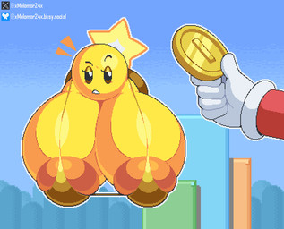 areola big_breasts bikini bikini_top breasts brown_areola clothing coin duo eyebrows female gloves handwear huge_breasts hyper hyper_breasts male mostly_offscreen_character not_furry raised_eyebrow swimwear two-piece_swimsuit yellow_body melomor mario_and_luigi_(series) mario_bros nintendo mario starlow star_sprite