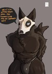 anthro canid canine canis clothing cosplay costume dialogue drstrangeluvve english_text halloween hi_res holidays looking_up male mammal mask muscular scp-1471-a scp_foundation sitting skull_mask solo text thong underwear wolf