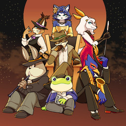 anthro breasts chair clarinet clothed clothing cosplay crossover_cosplay electronics eyewear female furniture glasses group hat headgear headwear male microphone moon musical_instrument night saxophone tenor_saxophone throne wind_instrument woodwind_instrument fluorescentart nintendo sega star_fox stranger_than_heaven yakuza_(series) falco_lombardi fay_(star_fox) fox_mccloud krystal_(star_fox) makoto_daito miyu_(star_fox) peppy_hare slippy_toad amphibian avian bird bird_dog canid canine canis cocker_spaniel domestic_dog falcon falconid felid feline fox frog hunting_dog lagomorph leporid lynx mammal rabbit spaniel toad_(frog) 1:1 2026 crossover