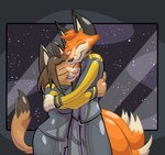 anthro black_nose brown_body brown_fur brown_hair clothed clothing dipstick_tail duo eyes_closed female fur hair larger_male male male/female markings multi_tail orange_body orange_fur pink_nose size_difference smaller_female tail tail_markings tempestryder phoex canid canine fennec_fox fox mammal red_fox true_fox 2022 hi_res