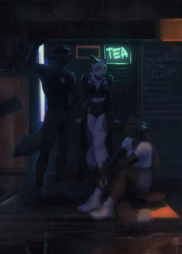 anthro breasts clothed clothing female group male night outside raining smile trio plgdd canid canine canis domestic_cat domestic_dog felid feline felis mammal 2019 absurd_res digital_media_(artwork) hi_res