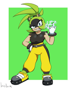 anthro belt black_clothing black_shirt black_topwear blue_eyes border bottomwear breasts clothed clothing devil_horns_(gesture) ear_piercing ear_ring electricity eyelashes female fur gesture gloves green_body green_fur hand_gesture hand_on_hip handwear pants piercing ring_piercing sharp_teeth shirt simple_background solo teeth topwear white_border yellow_bottomwear yellow_clothing yellow_pants hailoux idw_publishing sega sonic_the_hedgehog_(comics) sonic_the_hedgehog_(idw) sonic_the_hedgehog_(series) surge_the_tenrec afrosoricid mammal tenrec absurd_res hi_res