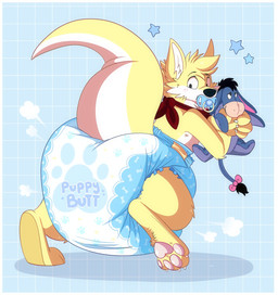 ambiguous_gender anthro big_diaper blue_background blue_pacifier blush blush_lines border character_plushie claws clean_diaper clothed clothing diaper diaper_puff finger_claws fur holding_object holding_plushie huge_diaper kerchief looking_back multicolored_body multicolored_fur neckerchief neckwear object_in_mouth on_one_leg pacifier pacifier_in_mouth pawpads pawprint_diaper pink_pawpads plushie red_kerchief red_neckerchief simple_background solo standing text text_on_diaper three-quarter_view toe_claws two_tone_body two_tone_fur wearing_diaper white_body white_border white_claws white_finger_claws white_fur white_inner_ear white_toe_claws yellow_body yellow_ears yellow_fur jupiters disney winnie_the_pooh_(franchise) eeyore fang29_(character) canid canine canis domestic_dog hybrid kangaroo macropod mammal marsupial 2024 english_text full-length_portrait hi_res portrait