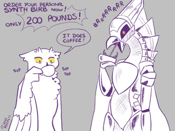 advertisement ambiguous_gender anthro beak beverage coffee container cup dialogue drinking_coffee duo feathered_wings feathers featureless_crotch glowing glowing_eyes grey_background holding_container holding_cup holding_object humor machine male simple_background sound_effects speech_bubble spitting_drink standing text white_body winged_arms wings yellow_eyes rozalid scandiowlcus vank avian bird owl synth_(vader-san) dated digital_drawing_(artwork) digital_media_(artwork) english_text hi_res monochrome signature sketch