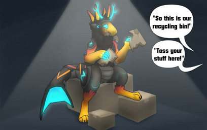anthro bodily_fluids box cardboard cardboard_box container drooling eating machine male recycling saliva sitting solo speech_bubble spotlight text anonymous_artist protogen english_text