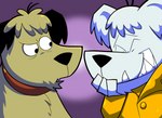 anthro clothing collar duo eyes_closed fangs fur grey_body grey_fur laugh looking_at_another male shirt tan_body tan_fur teeth topwear pembrokewkorgi hanna-barbera mumbly muttley canid canine canis domestic_dog mammal 2021 hi_res