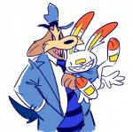 2019 alternate_costume alternate_species anthro canid canine canis clothed clothing cosplay crossover crossover_cosplay domestic_dog duo generation_5_pokemon generation_8_pokemon hat headgear headwear herdier lagomorph looking_at_viewer male mammal max_(sam_and_max) necktie nintendo open_mouth pokemon pokemon_(species) sam_and_max samuel_dog scorbunny sharp_teeth simple_background smile suit teeth velvetyf white_background