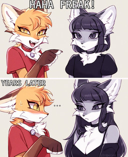 aged_up anthro attraction bangs blush breasts cleavage clothed clothing collar cute_fangs dialogue duo ellipsis fangs female gesture glistening glistening_eyes growing hair hand_gesture insult male male/female medium_breasts neck_tuft pointing regret short_hair teeth text tuft 3rdperson_iz haha_freak instant_loss_2koma izabell_(3rdperson_iz) canid canine fox mammal english_text hi_res meme