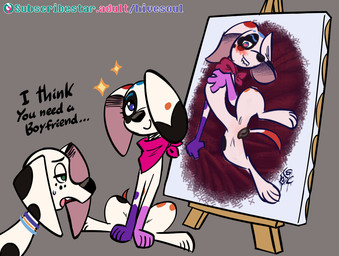 animal_genitalia animal_vulva bite biting_lip biting_own_lip black_body black_ears black_fur black_nose black_spots black_text black_vulva blue_body blue_eyes blue_fur blue_jewelry blue_necklace blue_spots blush canine_genitalia canine_vulva canvas closed_smile dialogue duo ear_over_eye easel eyelashes female female_feral feral floppy_ears freckled_face freckles fur genitals green_eyes grey_background half-closed_eyes heart_eyes heart_symbol jewelry kerchief mouth_closed multicolored_body multicolored_fur narrowed_eyes neckerchief necklace neckwear open_mouth orange_body orange_fur orange_jewelry orange_necklace orange_spots painting_(object) pink_inner_ear pink_kerchief pink_neckerchief pink_tongue purple_body purple_fur red_body red_fur red_spots red_tail self_bite simple_background sitting smile sparkles spots subscribestar_logo tail talking_to_another teeth text tongue toony vulva white_body white_ears white_fur young young_female young_feral soulcentinel 101_dalmatian_street 101_dalmatians disney subscribestar da_vinci_(101_dalmatians) dolly_(101_dalmatians) canid canine canis dalmatian domestic_dog mammal 2025 english_text signature url sibling_(lore) sister_(lore) sisters_(lore)