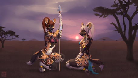 4_toes amber_eyes anklet anthro armlet barefoot black_body black_fur bottomwear bra braided_hair breasts clothed clothing cloud crouching duo feet female fur hair hindpaw jewelry kneeling loincloth looking_at_viewer melee_weapon necklace outside pawpads paws polearm red_hair savanna sitting skimpy sky smile spear sunrise sunset toes tribal underwear weapon white_body white_fur white_hair wyla african_wild_dog canid canine mammal 16:9 2014 digital_media_(artwork) hi_res shaded widescreen