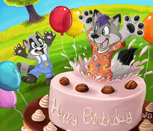 anthro blue_clothing blue_eyes blue_overalls cake clothed clothing dessert dipstick_ears dipstick_tail duo ear_markings fingerpads food fur glistening glistening_eyes grass grey_body grey_fur hair happy male markings multicolored_ears neonate open_mouth open_smile outside overalls pawpads pink_pawpads plant purple_hair red_clothing short_hair smile striped_markings striped_tail stripes tail tail_markings tree white_body white_fur young young_anthro young_male pandapaco canid canine mammal procyonid raccoon