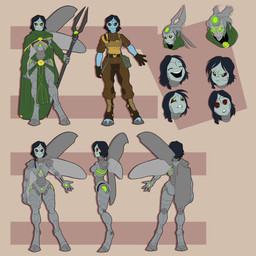 black_hair black_sclera brown_clothing cloak clothing cybernetics female gloves glowing glowing_eyes green_clothing green_eyes hair handwear hooves machine not_furry solo staff wings unknown_artist warhammer_(franchise) warhammer_40000 xeno_(t'au_quest) alien cyborg humanoid necron t'au_(warhammer) 1:1 hi_res model_sheet