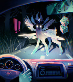 5_fingers 8_wings ambiguous_gender car car_interior detailed_background dice driving duo exclamation_point eyelashes feathered_wings feathers feral fingers first_person_view glowing glowing_eyes grass hair looking_at_viewer mirror multi_wing plant quadruped rear_view_mirror reflection road standing steering_wheel tail tree vehicle wings feefal angel deer human mammal seraph_(angel) digital_media_(artwork) hi_res