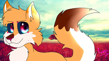 ambiguous_gender anthro blue_eyes brown_body brown_fur brown_tail cursive dipstick_tail fur grass green_sclera markings multicolored_eyes multicolored_tail plant purple_eyes solo tail tail_markings text tree white_body white_fur white_tail unknown_artist unknown_artist_signature canid canine canis mammal wolf 16:9 english_text hi_res signature source_request widescreen
