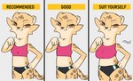 anthro breast_size_difference breasts clothed clothing crop_top female flat_chested fur hand_on_hip neck_tuft shirt small_breasts solo speedo sports_panties spots swimwear tan_body tan_fur text topwear tuft el-k akino_(el-k) cheetah felid feline mammal 2022 english_text hi_res model_sheet