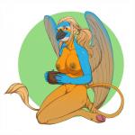 1:1 anthro avian beak biped breasts feathered_wings feathers female gryphon hi_res kneeling looking_at_viewer melamoryblack mythological_avian mythological_creature mythology nipples non-mammal_breasts nude smile solo wings