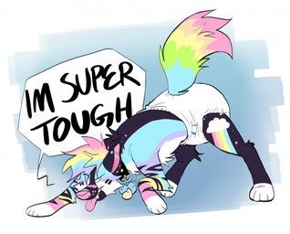 ambiguous_gender band-aid band-aid_on_face band-aid_on_nose bandage bandage_on_face bandage_on_nose black_stripes blush blush_lines clean_diaper clothed clothing collar cute_fangs dialogue diaper ear_barbell ear_piercing fangs feral fur hair leg_markings markings multicolored_body multicolored_fur multicolored_hair multicolored_tail open_mouth pacifier piercing pink_inner_ear pink_nose rainbow_body rainbow_fur rainbow_hair rainbow_tail simple_background socks_(marking) solo sparklefur speech_bubble spiked_collar spikes star_(marking) stripes tail teeth text tongue tongue_out wearing_diaper white_diaper slusheep starbit_(jupiters) canid canine canis domestic_dog mammal 2023 english_text hi_res