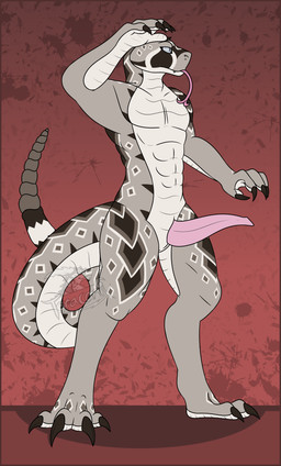 animal_genitalia anthro blue_eyes blue_sclera brown_body brown_claws claws curled_tail diamond_pattern fangs fingers forked_tongue genital_slit genitals grey_body looking_forward male muscular penis pink_penis pink_tongue pupils rattle_(anatomy) red_background scales simple_background slit_pupils solo tail tan_body tapering_penis teeth tongue white_body toracanix pit_viper rattlesnake reptile scalie snake viper western_diamondback_rattlesnake absurd_res full-length_portrait hi_res portrait signature