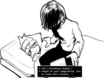 5_fingers ambiguous_gender anthro bed biped canonical_scene clothing duo eyewear fingers furniture glasses hair_over_face hand_on_another's_shoulder hand_on_shoulder male snowgrave sweater text topwear unconscious wearing_glasses modeseven deltarune undertale_(series) berdly kris_dreemurr avian bird human mammal 2025 english_text monochrome