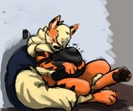 abdominal_bulge ambiguous_gender blush blush_lines ears_up eyes_closed feral mouth_closed orange_body sitting tail vore wall_socket raster_dreams nintendo pokemon arlean_(raster_dreams) arcanine generation_1_pokemon pokemon_(species) 2020 hi_res