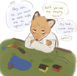 anthro building cape cardigan clothing duo fur grass green_eyes grumpy house looking_at_viewer male model_train offscreen_character orange_body orange_fur pier plant pond rude shrub simple_background text towel toy train vehicle water white_background white_clothing young young_anthro young_male citronlad fantastic_mr._fox ash_fox_(fantastic_mr._fox) canid canine fox mammal red_fox true_fox english_text