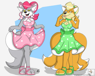 1950s_theme anthro big_breasts blonde_hair bottomwear bow_ribbon breasts cleavage clothed clothing clothing_lift dress duo female female/female footwear fur green_clothing green_dress hair multi_tail multicolored_body multicolored_fur orange_body orange_fur pink_clothing pink_dress pink_hair polka_dots pose raised_bottomwear raised_clothing raised_skirt shoes skirt skirt_lift smile smiling_at_viewer tail thick_thighs lightluxcollie denatured_(lightluxcollie) faye_(lightluxcollie) millie_(lightluxcollie) canid canine canis fox mammal wolf grey hi_res
