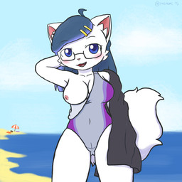 anthro beach blue_eyes blue_hair blush breasts cleavage clothed clothing eyewear fangs female fur genitals glasses hair leotard looking_at_viewer medium_breasts navel nipples one-piece_swimsuit open_mouth pink_nipples smile solo swimwear tail teeth towel vulva wardrobe_malfunction water white_body white_fur frigadae yuki_(frostynoten) domestic_cat felid feline felis mammal 1:1 2021 digital_media_(artwork) hi_res