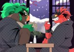 anthro blush brown_body brown_fur duo fur male male/male muscular muscular_anthro muscular_male red_body red_fur sake_bottle snow snowing hyaku_(artist) nintendo pokemon generation_7_pokemon generation_8_pokemon incineroar pokemon_(species) rillaboom