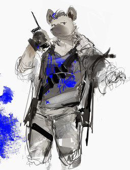 anthro bottomwear claws clothing ear_piercing electronics eyebrow_piercing facial_piercing fingerless_gloves fur gloves hair handwear holding_object holding_walkie-talkie jacket male markings pants piercing shirt simple_background solo spots spotted_body spotted_fur t-shirt tail topwear walkie-talkie 0_0ffline arknights hypergryph studio_montagne spot_(arknights) hyena mammal spotted_hyena 2026 absurd_res hi_res sketch