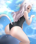 big_butt brown_eyes butt clothing cloud female hair huge_butt inflatable_toy long_hair long_tail one-piece_swimsuit paw_pose pose rear_view simple_background sky solo swimming_pool swimwear tail water white_hair dmayaichi fairy_tail charle_(fairy_tail) animal_humanoid cat_humanoid domestic_cat felid felid_humanoid feline feline_humanoid felis humanoid mammal mammal_humanoid hi_res