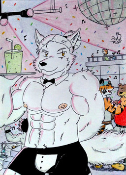 anthro areola barazoku beverage biceps black_nose brown_body brown_fur clothing container cup disco_ball fur group hair holding_object looking_at_viewer male male/male manly markings muscular muscular_anthro muscular_arms muscular_male nightclub nipples pecs pink_areola pink_nipples shirt striped_body striped_fur stripes tail tank_top tied_hair topwear tray underwear waiter waiter_tray white_body white_fur yellow_eyes dashthefox bruno_o_donnell arctic_wolf bear canid canine canis felid mammal pantherine tiger wolf 2026 absurd_res colored_pencil_(artwork) hi_res traditional_media_(artwork)