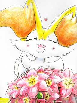 ambiguous_anthro ambiguous_gender anthro arm_tuft biped blush blush_lines bouquet cheek_tuft chest_tuft eyelashes eyes_closed facial_tuft flower front_view fur gracidea_flower happy heart_symbol holding_bouquet holding_flower holding_object inner_ear_fluff multicolored_body multicolored_fur nude_ambiguous nude_anthro open_:3 open_mouth open_smile orange_body orange_fur orange_inner_ear_fluff orange_nose plant pointy_ears prick_ears shoulder_tuft simple_background smile solo standing tapering_snout tongue tuft white_background white_body white_fur yellow_body yellow_fur eiroru nintendo pokemon braixen canid canine generation_6_pokemon mammal pokemon_(species) 2025 3:4 colored_pencil_(artwork) graphite_(artwork) half-length_portrait hi_res japanese_description portrait traditional_media_(artwork) translated_description