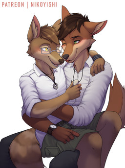 anthro belt belt_buckle blush blush_lines bottomwear brown_body brown_fur buckle cargo_pants cargo_shorts clock clothed clothing collared_shirt cuddling dress_pants dress_shirt duo eyewear fur glasses hair hug jewelry looking_at_another male male/male necklace on_lap one_eye_closed pants patreon_username shark_tooth_necklace shirt shorts simple_background sitting sitting_on_lap smile teeth text tongue tongue_out topwear watch white_eyewear white_glasses wink conditional_dnp nikoyishi marty_shepard zyyre_(zyyrewolf) canid canine canis mammal wolf 2021 absurd_res digital_media_(artwork) hi_res shaded