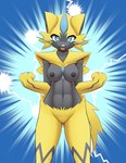 abstract_background anthro athletic athletic_female black_nipples blue_eyes breasts featureless_crotch female looking_at_viewer multicolored_body nipples smile smirk solo myssedakes nintendo pokemon generation_7_pokemon legendary_pokemon pokemon_(species) zeraora absurd_res hi_res