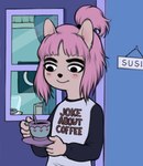 anthro beverage blush cartoon_network clothing coffee coffee_mug door doorframe felid feline female hair hi_res mammal milkymittens pink_hair shirt smile solo summer_camp_island susie_mccallister topwear window