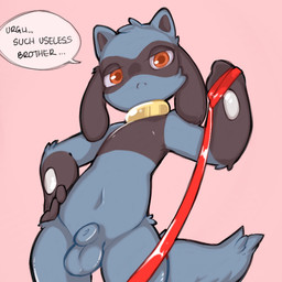 animal_genitalia anthro balls blue_body blue_fur collar dominant dominant_male dominant_young eyeshadow fully_sheathed fur genitals gold_(metal) gold_collar leash leash_pull leashed_viewer low-angle_view makeup male metal_collar multicolored_body nude red_eyeshadow sheath shota solo teasing thick_thighs two_tone_body young young_anthro young_male ryess nintendo pokemon ree_(ryess) generation_4_pokemon pokemon_(species) riolu 1:1