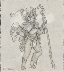 adventurer anthro bag bottomwear cape clean_diaper clothed clothing crotchless_bottomwear crotchless_clothing crotchless_pants diaper ear_piercing ear_ring female looking_at_viewer pants piercing ring_piercing solo staff standing wearing_diaper fillyfables bovid caprine mammal monochrome