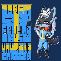 anthro black_body black_fur black_tail blue_body blue_fur chibi fur grey_eyes hair solo tail vault_suit white_hair bear213 fallout microsoft nintendo pokemon anu_(bear213) canid canine generation_4_pokemon lucario mammal pokemon_(species) 1:1 alpha_channel