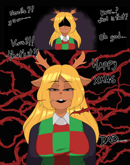 anthro blonde_hair clothing deer_antlers dialogue evil_grin female freckles hair half-closed_eyes heart_eyes heart_symbol long_hair narrowed_eyes ominous plant red_eyes shadow_face smile solo text topwear vest vines hasturart deltarune undertale_(series) noelle_holiday deer mammal new_world_deer reindeer absurd_res comic english_text hi_res