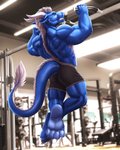 4:5 4_toes akuro anthro back_muscles big_muscles black_clothing blue_body blue_scales blue_tail bodily_fluids butt claws clothed clothing dragon dream_and_nightmare exercise eyes_closed feet hi_res horn huge_muscles male muscular muscular_male mythological_creature mythological_scalie mythology pull-up_(exercise) scales scalie soles solo sweat tail tail_tuft teeth toe_claws toes topless tuft white_horn workout