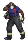 anthro armor bottomwear brown_body brown_fur brown_hair clothed clothing dressing ear_piercing eyewear female firefighter footwear fur goggles hair headgear helmet holding_armor holding_headgear holding_helmet holding_object jacket pants piercing shirt shoes simple_background solo stocky suspenders topwear walking white_background white_body white_fur cettus hilde_albrecht gulonine mammal mustelid musteline wolverine 2022 hi_res