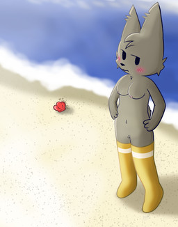 annoyed anthro beach black_eyes black_nose blush blush_lines breasts chest_tuft clothing facial_tuft female fur genitals gold_thigh_highs golden_clothing grey_body grey_fur legwear mostly_nude navel nipples nude nude_beach nude_female nudist pattern_clothing public public_exposure public_nudity sand sea seashell shell solo standing striped_clothing stripes sunny tail teacher thigh_highs tuft vulva water soder_cat golden_week link_fuzion_(soder_cat) felid feline lynx mammal absurd_res hi_res nonbinary_(lore)